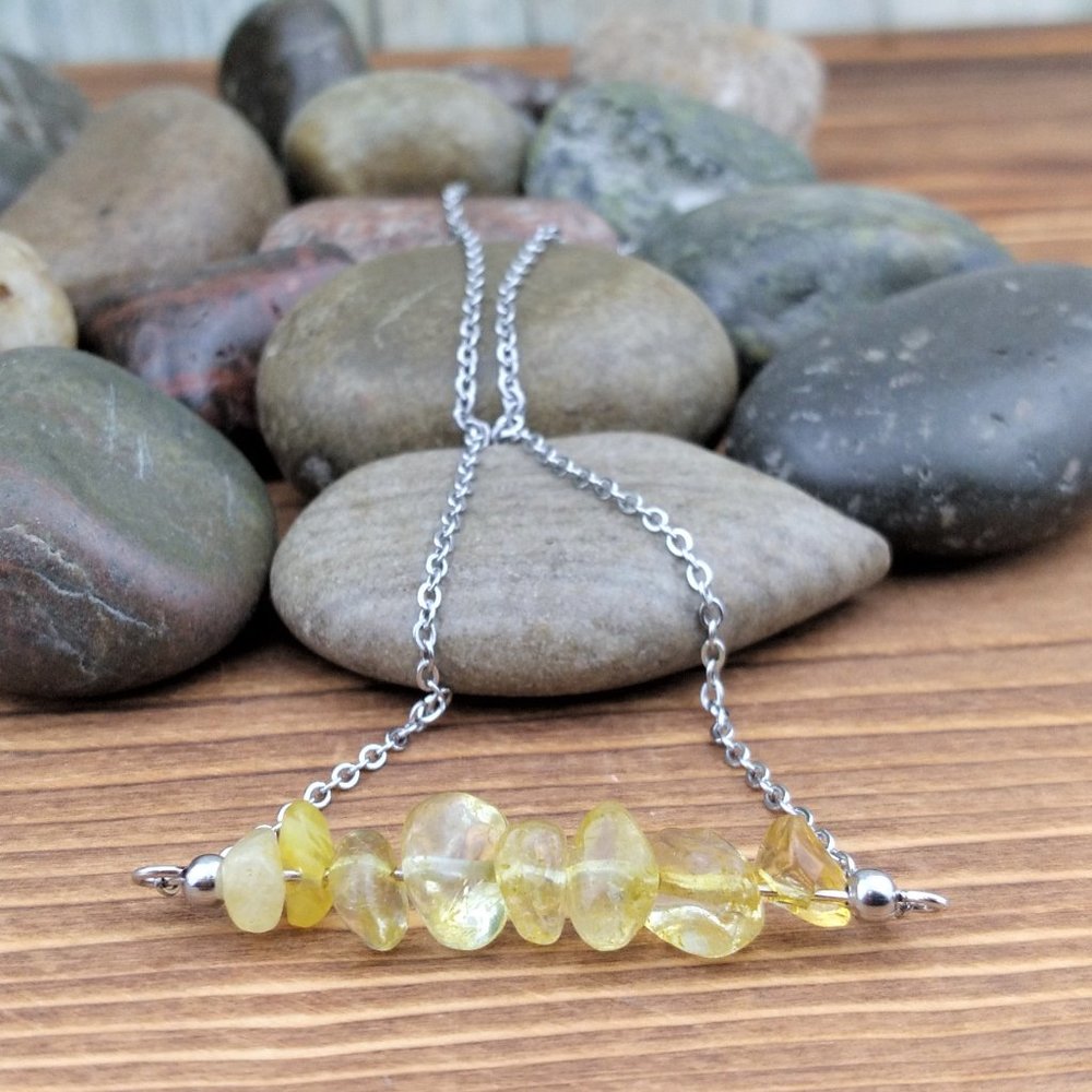Yellow Quartz Chip Nugget Bar Charm Stainless Steel Chain Necklace